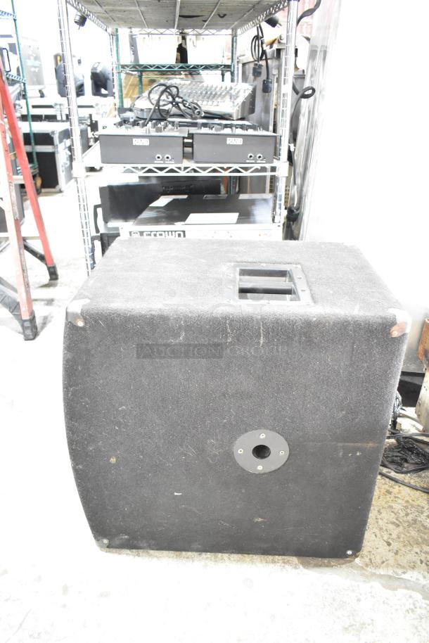 Yorkville Elite E12 and LS700P speakers, black, used condition, visible scuffs, ideal for enhancing audio quality.