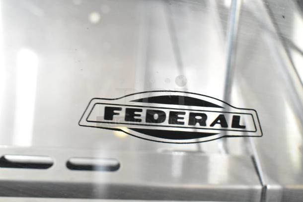 Federal Industries SQ4CD Deli Display Case, 120V, 1 Phase, clear glass, black "Federal" logo, commercial use.