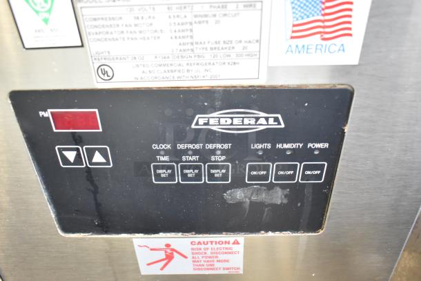 Federal Industries SQ4CD commercial deli display case controls, showing labels and caution sign, 120V, 1 Phase.