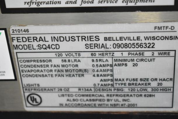 Label on Federal Industries SQ4CD Deli Display Case showing model, serial number, electrical specifications, and UL certification.