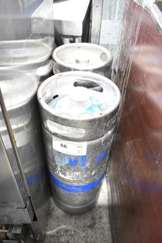 Two stainless steel sixth barrel kegs, showing wear, labeled "MicroStar" and marked with auction tag "66 QTY."