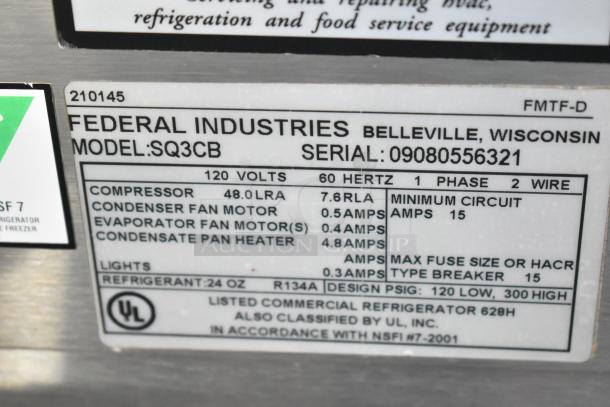 Federal Industries SQ3CB deli display case label showing specifications: 120 volts, 60 Hz, serial number 09080556321.