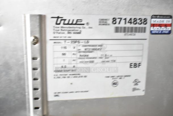 True T-23FG-LD Freezer label showing model, voltage, phase and serial number. Made by True in O'Fallon, MO.