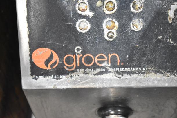 Groen Commercial 40 Gallon Braising Pan with visible branding and caution label, showing signs of wear.