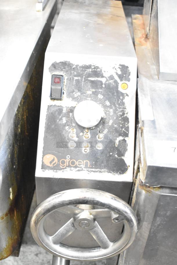 Groen 40-gallon commercial braising pan with manual control panel, visible wear, and brand logo, ideal for large-scale cooking.