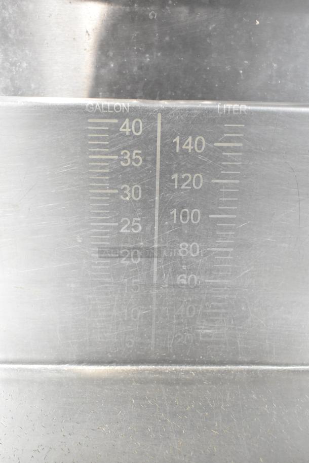 Groen commercial 40-gallon braising pan with gallon and liter markings. Stainless steel, used condition.