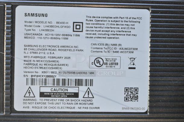 Samsung BE43D-H 43" TV label, model BE43D-H, 110-127V, made in Mexico, UL listed, manufactured Feb 2025. Pickup only.