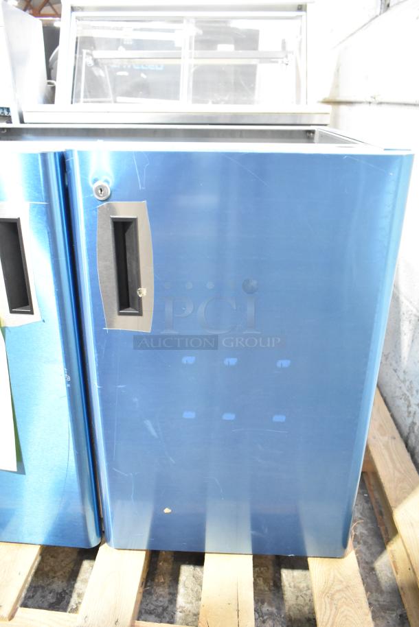 BRAND NEW SCRATCH AND DENT! 2025 Hoshizaki SD-750 Ice Machine, blue, stand with doors. Visible surface scratches.