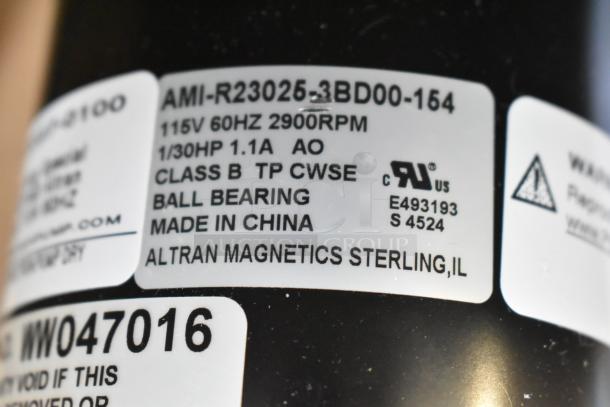 BRAND NEW SCRATCH AND DENT pump assembly, 115V, 1 Phase. Label: AMI-R23025-3BD00-154, 2900RPM, 1/30HP, Altran Magnetics.