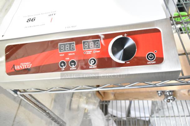 "Brand new Avantco 177IC1800 induction cooker, 120V, scratch and dent, digital display, red control panel, countertop model."