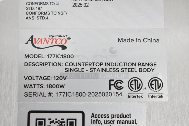 Avantco 177IC1800 countertop induction range label with model, voltage, wattage, and certifications. Made in China.