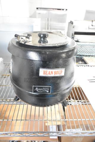 Brand new Avantco 177S30 11 Qt. black soup kettle warmer, 120 volts, 1 phase, with "Bean Soup" label.