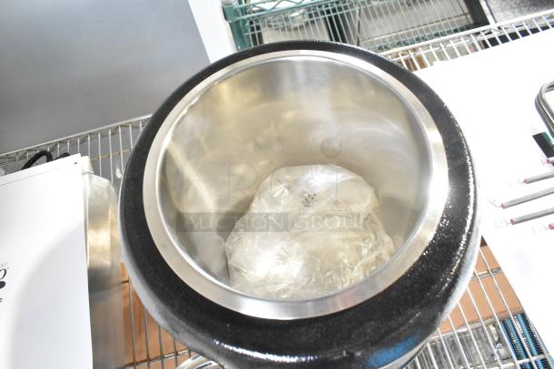 Brand new Avantco 177S30 S30 11 Qt. black soup kettle warmer, 120 volts, scratch and dent condition, metal interior.