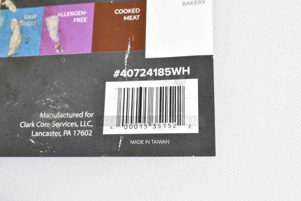 Brand new, scratch and dent white polyethylene cutting boards, 24" x 18" x 1/2", model #40724185WH, Made in Taiwan.