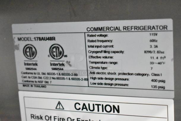 Alt text: "Label on Avantco 178AU48R commercial undercounter cooler, highlighting voltage, frequency, and other specifications."