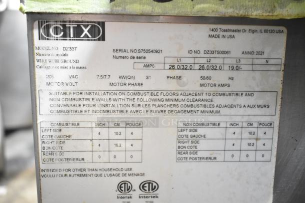 Middleby Marshall CTX DZ33T label showing model, serial numbers, 208V, 3-phase, 2021 make, and installation instructions.