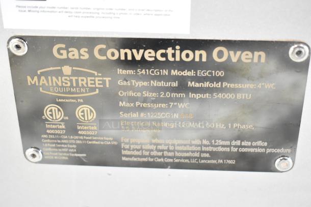 Plaque on Mainstreet 541CG1N natural gas convection oven, 54,000 BTU. Serial #1225CG1N 018, electrical rating 120VAC, 60 Hz.