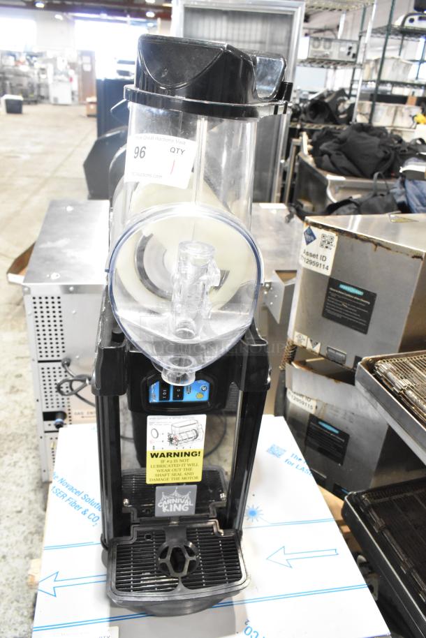 Carnival King 2023 Aurora 1.6-gallon pourover beverage machine, new with scratch and dent. Model 382SMM1, 115V. Warning label visible.