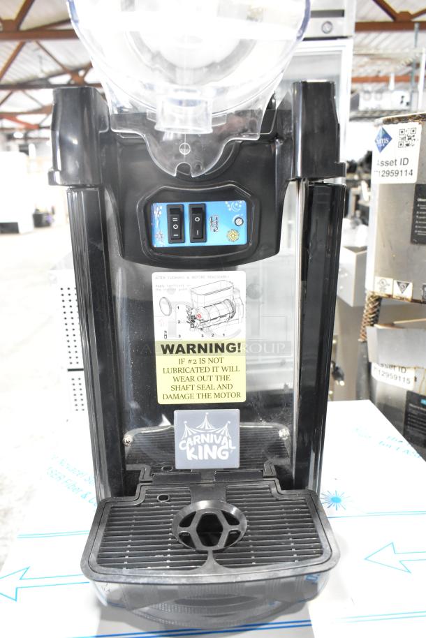 Brand new 2023 Carnival King Aurora 1, model 382SMM1, 1.6-gallon slushy machine. Features warning label, 115 volts, 1 phase.