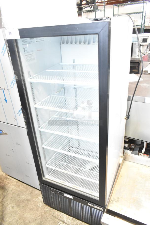 Habco SE12 commercial single door reach-in cooler merchandiser, 115 volts, 1 phase, with clear display and adjustable shelves.
