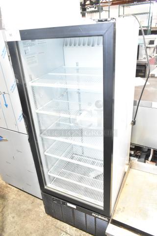 Habco SE12 commercial single door reach-in cooler merchandiser, 115 volts, 1 phase, with clear display and adjustable shelves.
