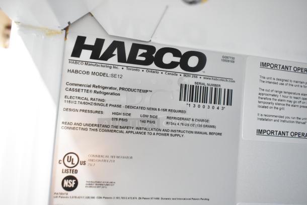 Habco SE12 Commercial Cooler label detailing model, electrical rating, and pressure specifications.