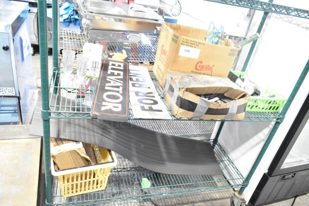 Two-tier lot with assorted items: "Elevator" and "For Rent" signs, glasses, parts, Central 0331-L1/2 self-close stop.