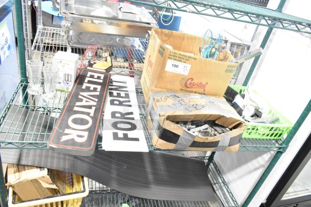 Two-tier lot with various items including "For Rent" and "Elevator" signs, glasses, Central 0331-L1/2 self close stop, parts.