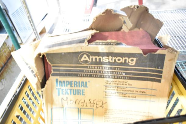 Two-tier auction lot with Armstrong Imperial Texture commercial tile box, signs, glasses, and Central 0331-L1/2 parts.