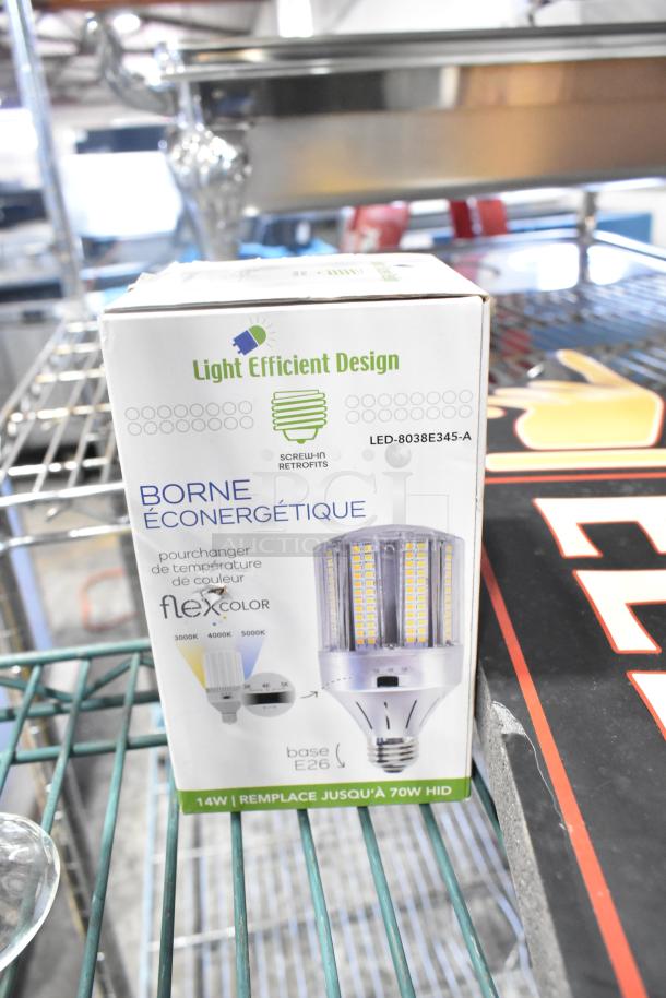 Light Efficient Design LED-8038E345-A bulb box, screw-in retrofit, showing flex color temperature options, on a shelf.