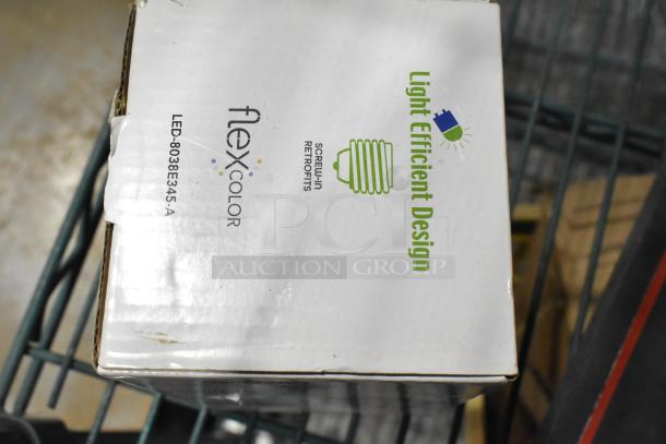 Box labeled "Light Efficient Design" showing FlexColor LED-8038E345-A, indicating screw-in retrofits. Box slightly worn.