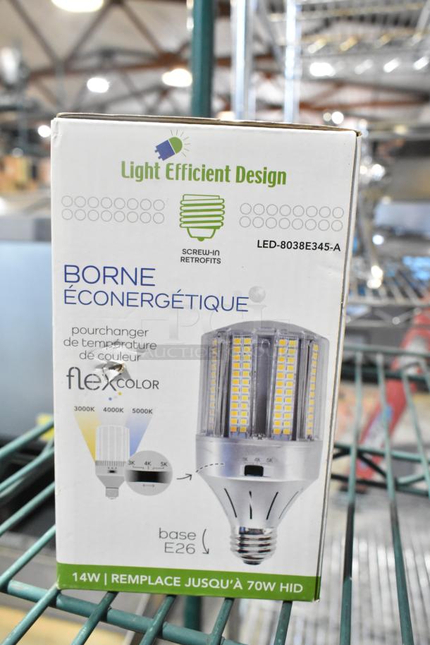 Box of LED bulb, Light Efficient Design, model LED-8038E345-A, 14W, E26 base, color temperature adjustable.