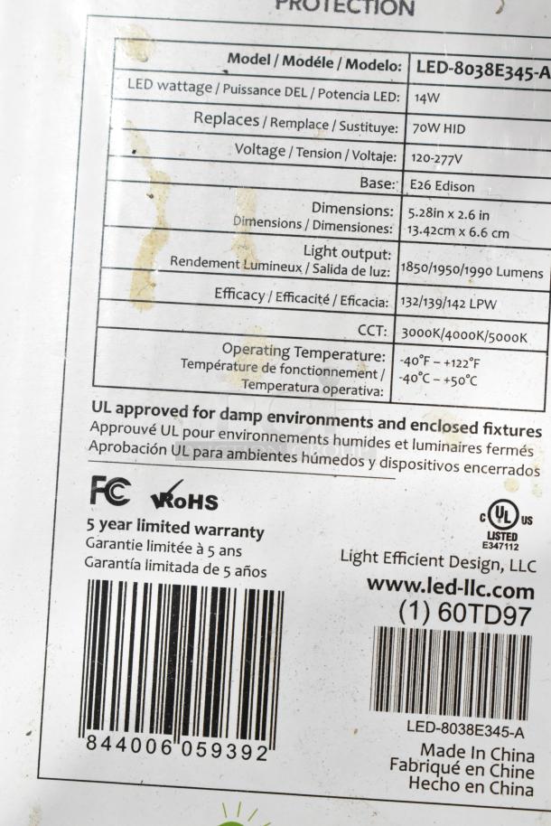 Label for LED-8038E345-A bulb by Light Efficient Design. Specs: 14W, replaces 70W HID, 1850-1990 lumens. UL approved.