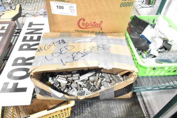 Two-tier lot with signs, glasses, parts, including Central 0331-L1/2 self-close straight stop. Box labeled "Used Weights."