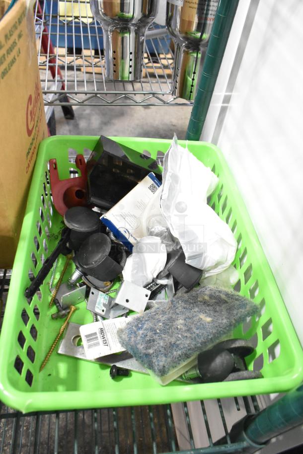 Two-tier lot with signs, glasses, hardware parts, and Central 0331-L1/2 self-close straight stop in green basket.