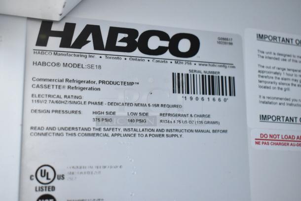 Label on Habco SE18 Commercial Cooler, detailing model, electrical rating (115V, 1 Phase), and refrigerant info.