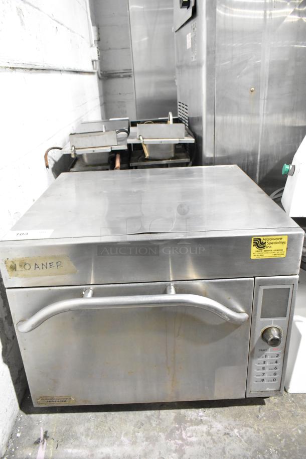 Amana AXP20 commercial rapid cook oven, 208/230V, 1 phase, stainless steel; "LOANER" and service sticker visible.