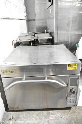 Amana AXP20 commercial rapid cook oven, 208/230V, 1 phase, stainless steel; "LOANER" and service sticker visible.