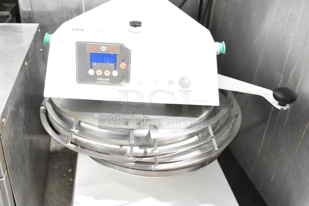 Proluxe Commercial Countertop Dough Press, digital display, hand lever, Blaze Pizza branding, solid condition.