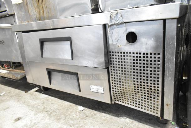 True Commercial 2 Drawer Chef Base on Casters, stainless steel, 115 volts, 1 phase, visible wear, ID tag bottom right.