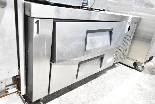 True Commercial 2 Drawer Chef Base, stainless steel, on commercial casters, 115V, 1 phase, with visible minor wear.