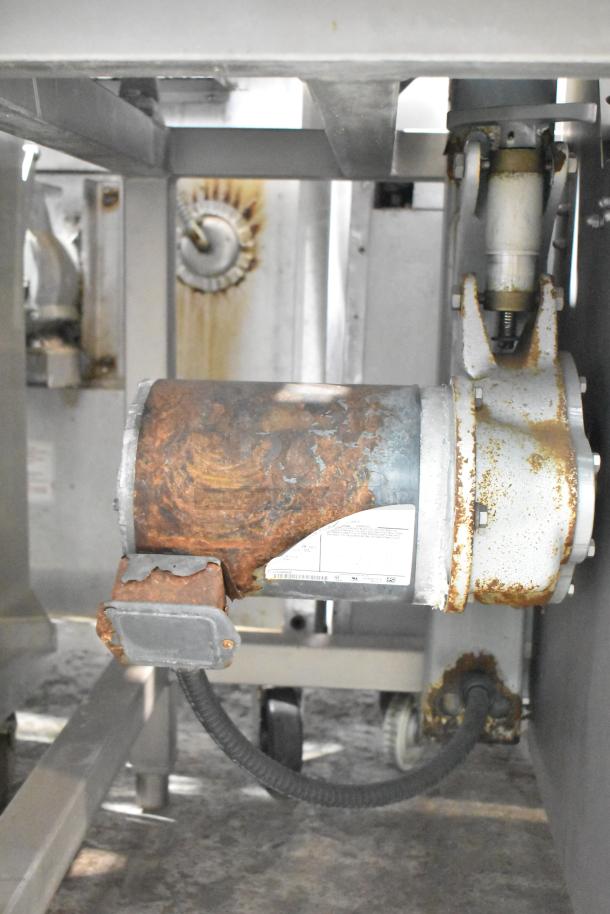 Hobart 6801 Commercial Meat Saw, floor style, 200-230V, 3-phase; visible rust on motor and parts, condition fair.