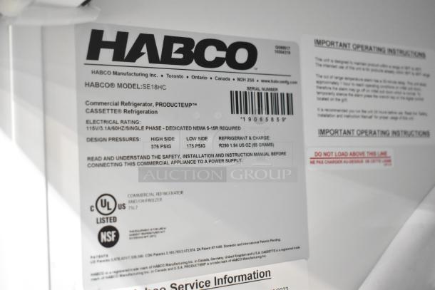 2019 Habco SE18HC commercial cooler info plate showing model, electrical rating, design pressures, and certifications.