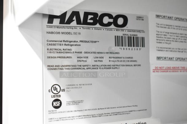 2019 Habco SE18 Commercial Single Door Cooler, 115V, 1 Phase, UL Listed, NSF Certified, label details model and electrical specs.