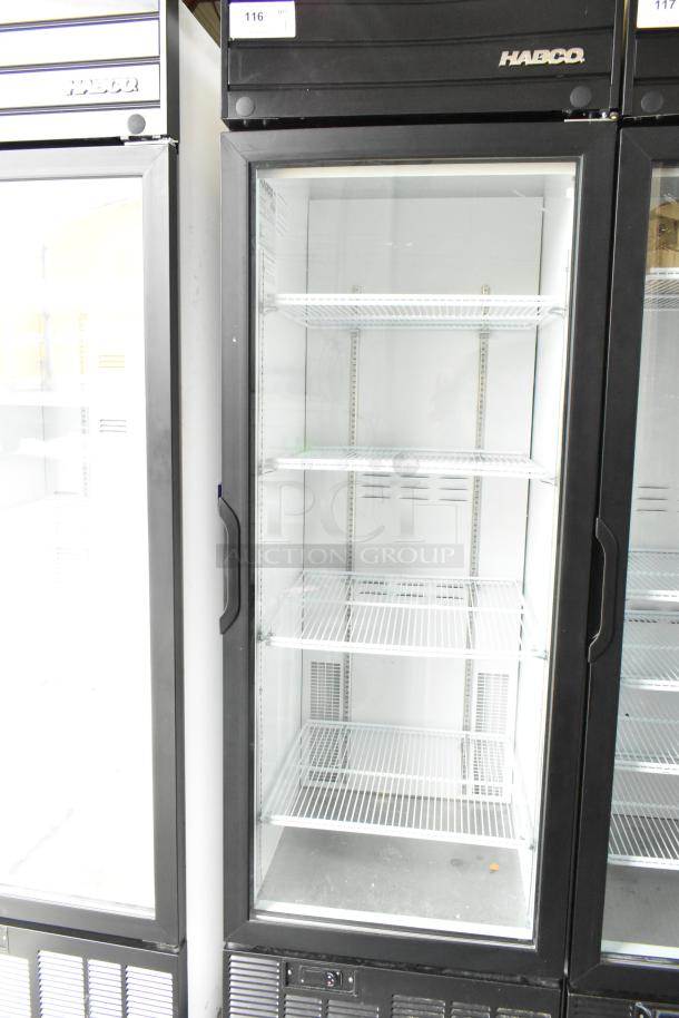 2019 Habco SE18 Commercial Single Door Cooler Merchandiser, 115V, 1 Phase, clean interior, 4 shelves, model label visible.