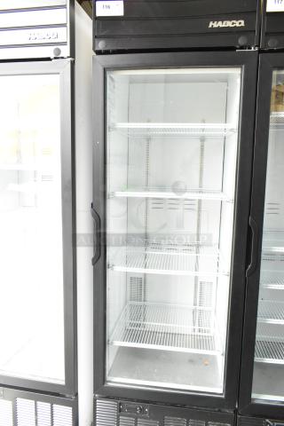2019 Habco SE18 Commercial Single Door Cooler Merchandiser, 115V, 1 Phase, clean interior, 4 shelves, model label visible.