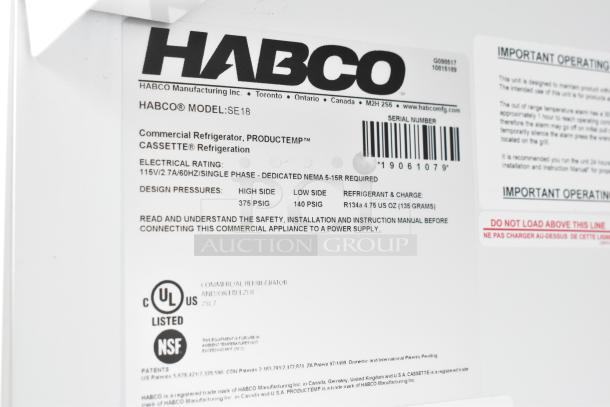 Label of 2019 Habco SE18 Commercial Cooler. Features include 115V, single phase, R134a refrigerant, NSF certified.