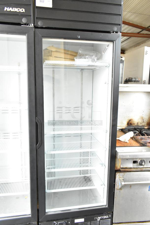 2019 Habco SE18HC Commercial Cooler, single glass door, white interior, multiple shelves, 115V, 1 phase, used condition.