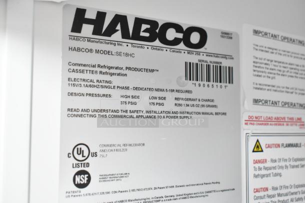 Label of 2019 Habco SE18HC Commercial Reach-In Cooler. Details: 115V, single phase, UL/NSF listed, R290 refrigerant.