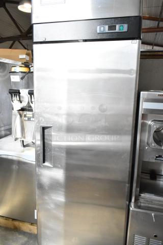 2017 Migali C-1R commercial single-door reach-in cooler on casters, stainless steel, 115 volts, digital display, good condition.